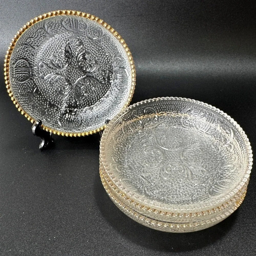 Vintage Jeannette Glass Harp Coasters Butter Pat Condiment 4 Gold Trim 50's MCM